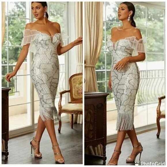 Chic Strapless White sequined Dress with Fringe - Picture 1 of 7